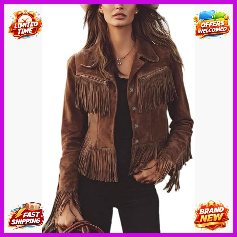 Faux Suede Fringe Jacket Western Style Long Sleeve Medium